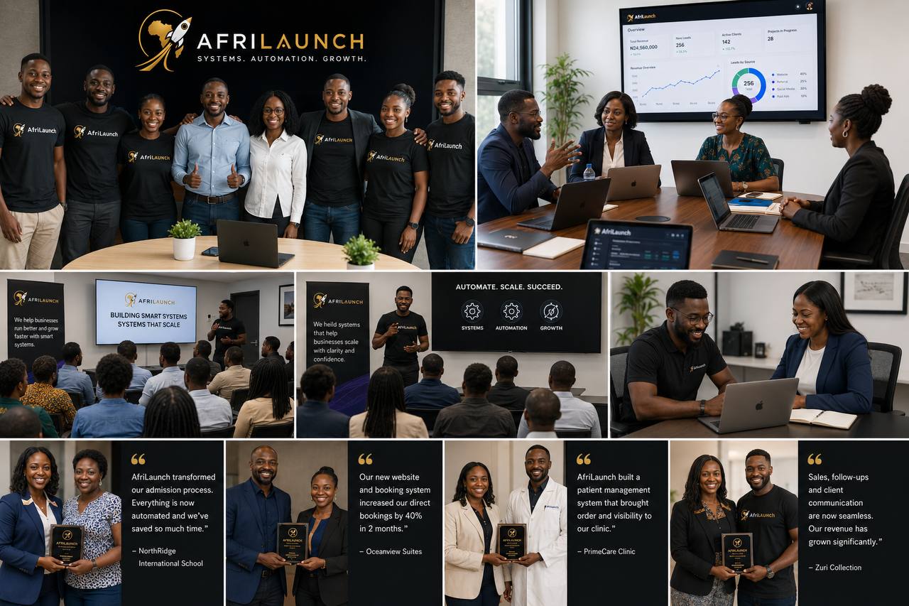 AfriLaunch team, workshops, dashboards, and client strategy sessions